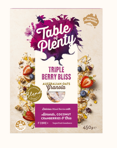 Table of Plenty Australian Oats Granola - Triple Berry Bliss/ Golden Honey Chai/ Spiced Apple Crumble 450g (Unit / Carton)